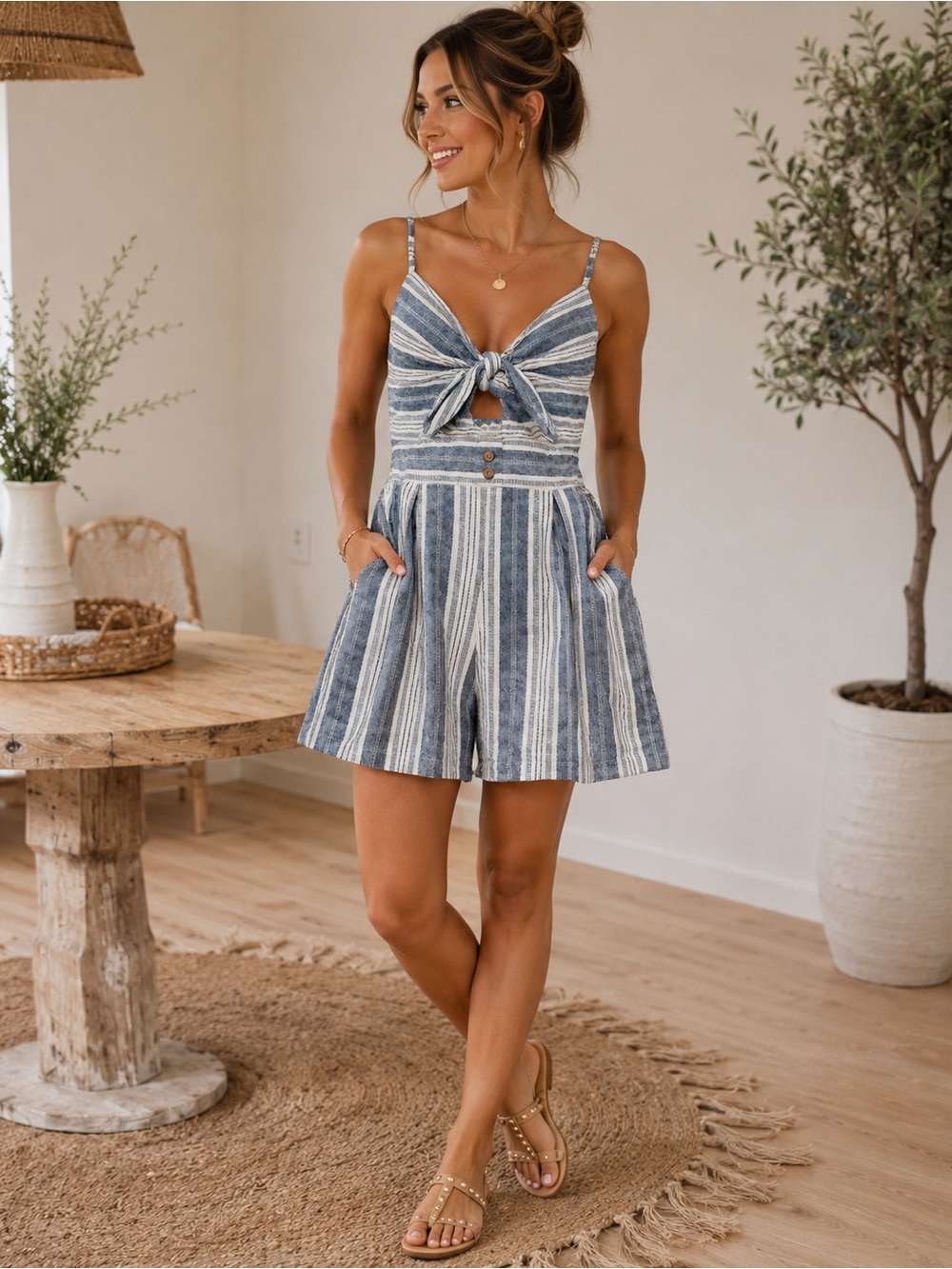 Lily Rose Navy and Cream Striped Tie-Front Romper